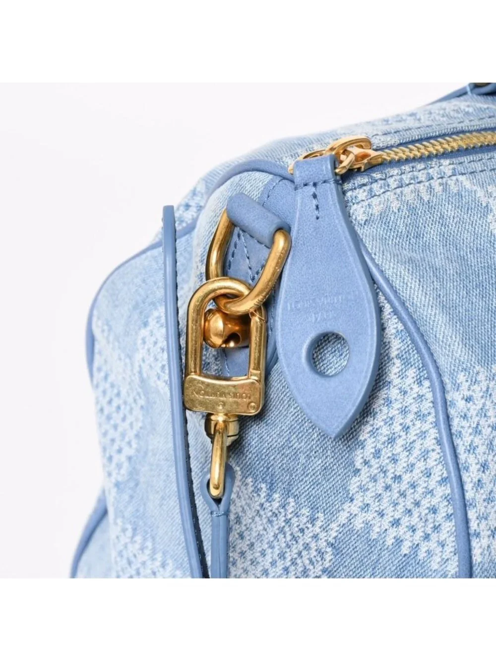 Louis Vuitton Speedy Bandouliere 30 Handbag Damier Denim 3D Cotton Blue Gold